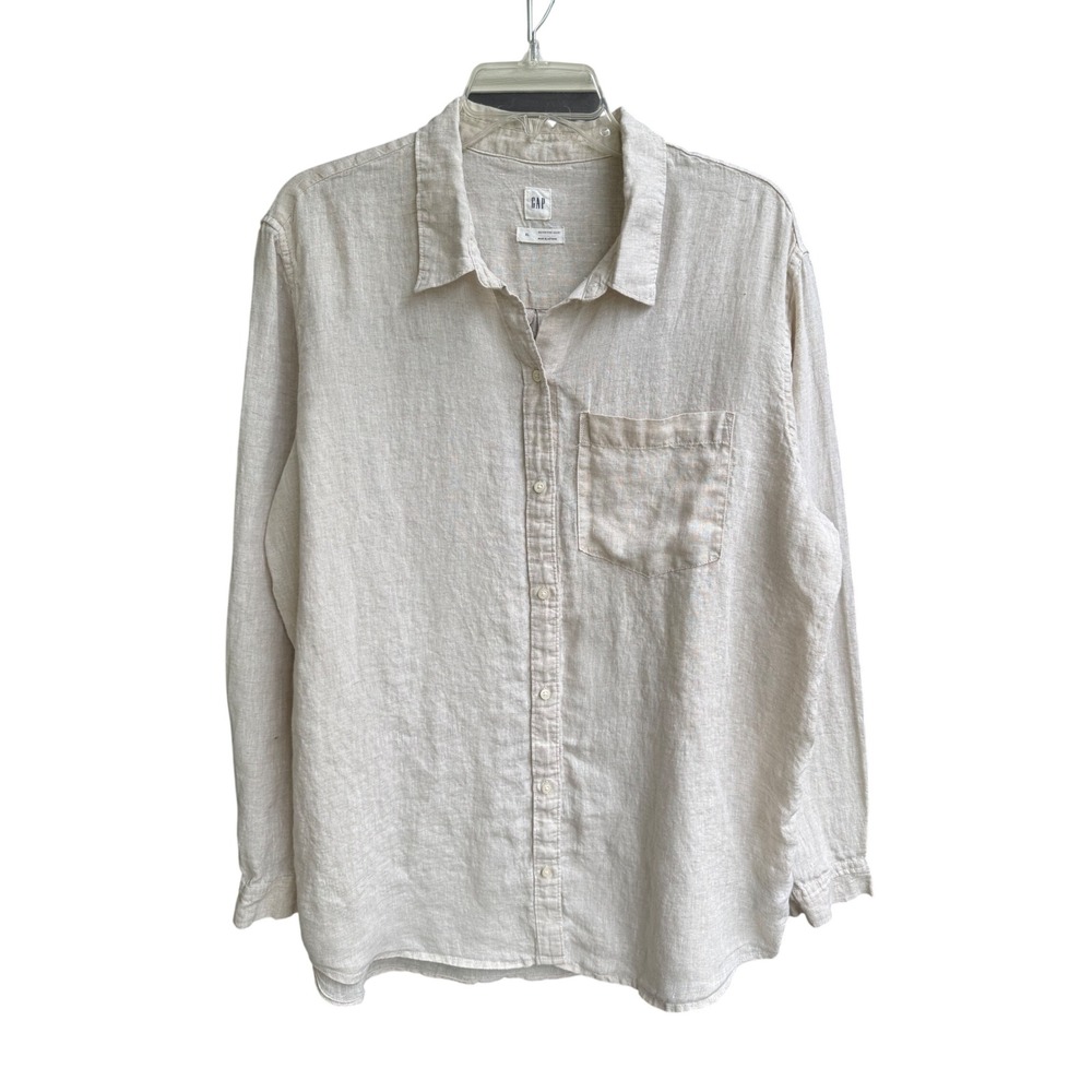 GAP Boyfriend Shirt Women XL Beige 100% Linen Button Down Long Sleeve Relaxed